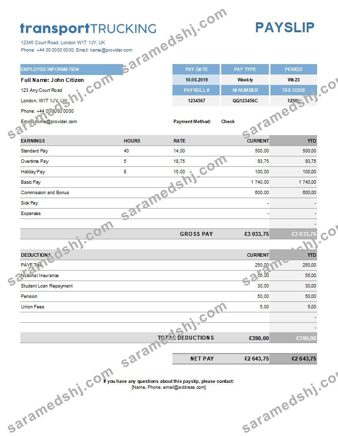 transport company payroll template in Excel and PDF formats